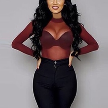 Sexy Women Blouses perspective Transparent Mesh Long Sleeve Sheer Blouse Lady Tops Tee