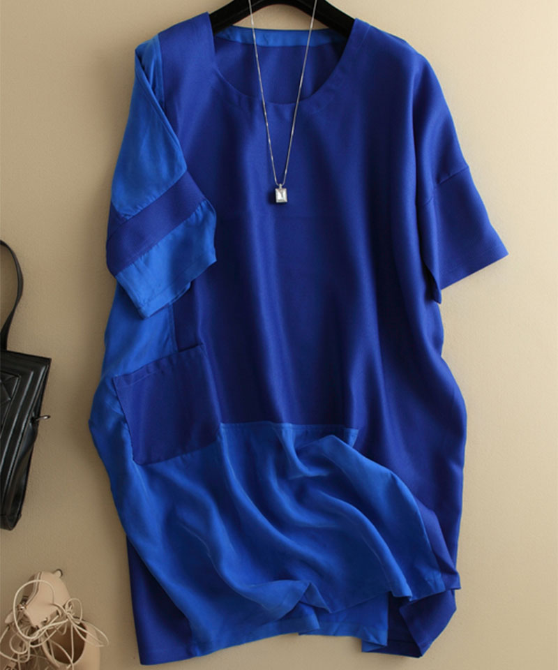 Loose Silk Dress Elegant Blue Dresses for Women Luxury Short Sleeves Knee Length Dress Casual Dress 2016 Summer