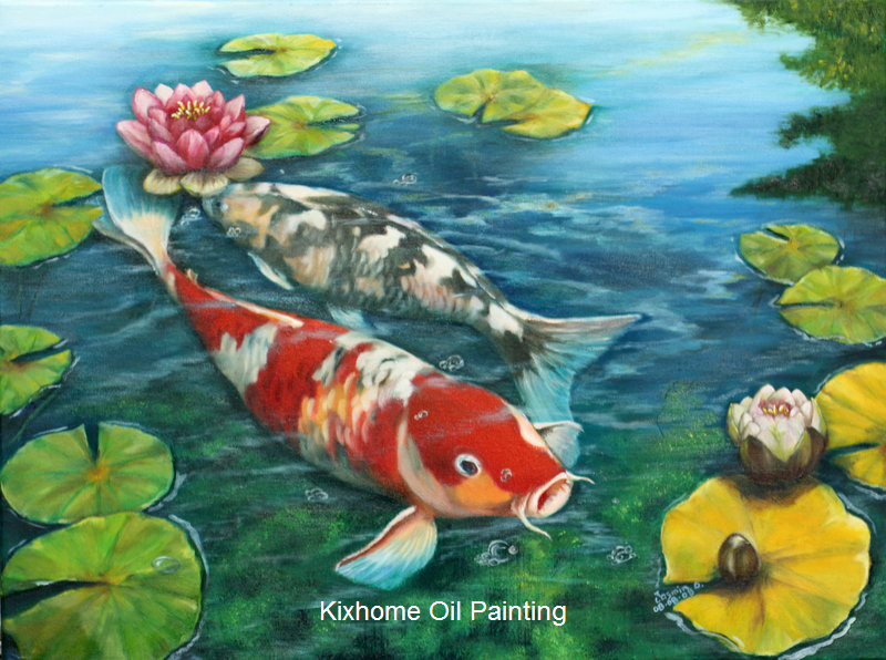 Japanese koi fish and Waterlilies hand painted wall art,Kohaku&Yamabuki