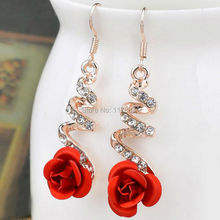 Top Sale Korea Fashion Lovely Temperament  Crystal Red Rose Flower Women Dangle Drop Earrings for Wedding/Party