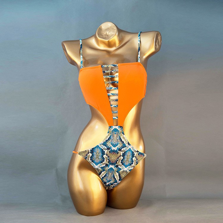 Snake Skin Pattern Printed Monokini Sexy Strappy Hollow Out One Piece Deep V Orange Swimwear Cut