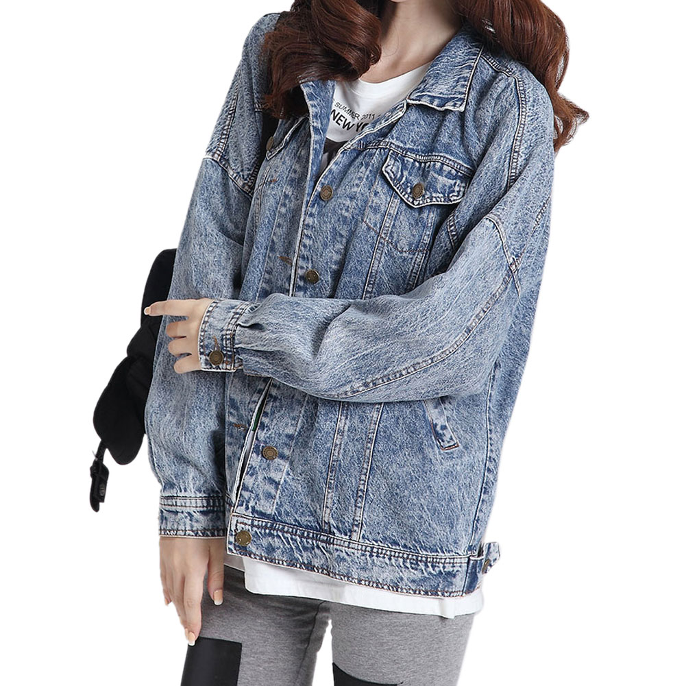 Hot Women 2015 Autumn Winter Casual Loose Turn Down Collar Ripped Denim Coats Vintage Washed Denim