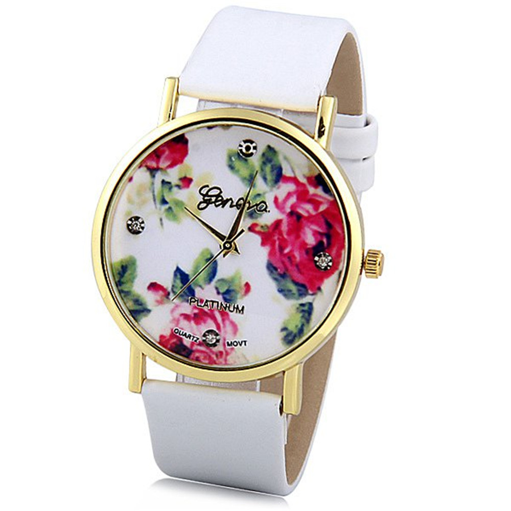 2016 Cheap Fashion Casual Geneva Watches Leather Rose Flower Watches For Women Dress Watches Quartz Watches 1pcs/lot  WW03012