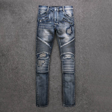 Men Jeans Hot Sale Slim Low 2015 New Punk Locomotive BalMan Jeans Embroidered Patch Tattered Knee