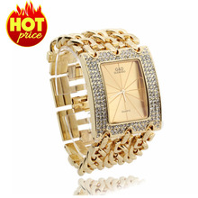 Women Quartz Wristwatch Wrist Watch Bracelet Gold Band Rhinestone Rectangle Gold Dial Fashion
