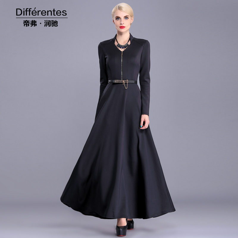 Differentes 2015 new autumn v-neck long sleeve black maxi dress women fashion slim zipper long elegant party high grade dress