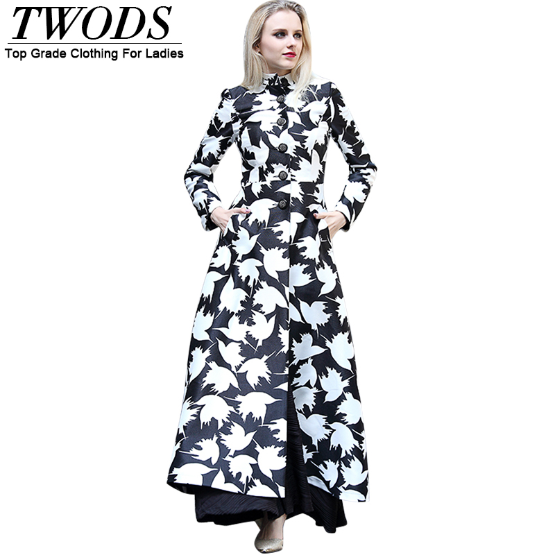 Twods 2016 New Women Spring Coat Stand Collar Long Sleeve Swing Slim Cut Maxi Long Overcoat Black And White Print Plus Size