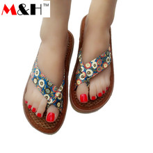 M&H Brand 2016 New Leisure Flower Flip Flops Beach Slippers Handmade Classic Floral Print Sandals Women Fashion Flat Cow Muscle