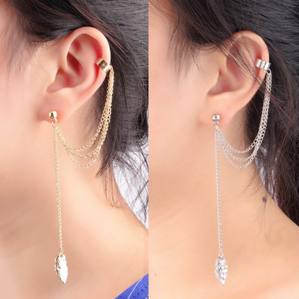 High Quality 1pc Tassel Chains Leaf Pendant Ear Cuff Elegant Women Girls Clip Stud Earring Fashion Jewelry Gold Silver Color