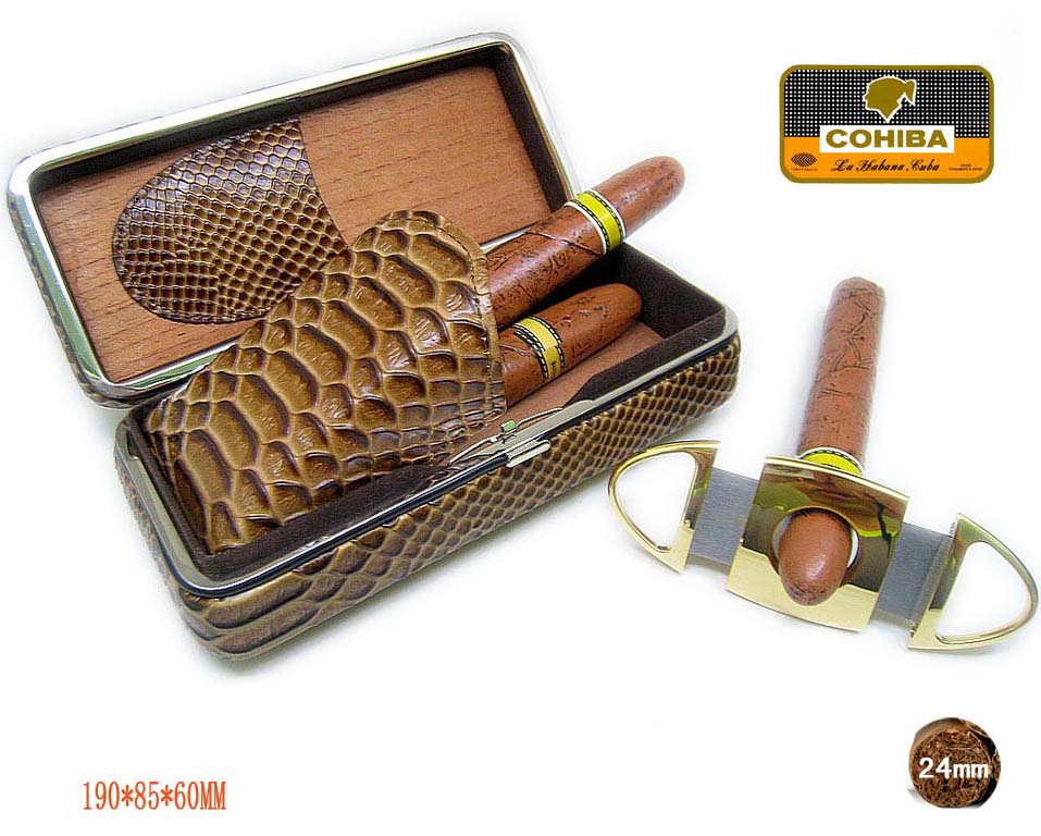 (3 cigars) Portable COHIBA crocodile leather cigar humidor with cutter,Travel cigar case sets,Cigar box