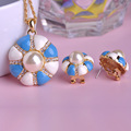 Luxury Pearl Jewelry Sets Lobster Clasp Gold Enamel Necklace French Hooks Earrings Blue Flower Statement Necklaces