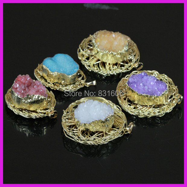 5pcs/lot New Special Bling Mixed Druzy Stone Jewelry,Crystal Agate Charm Pendant, 22K Gold Pendant Never Fade Wedding Gift