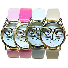 Fashion Unisex New Wristwatches Women s Men s Cute Glasses Cat Case Faux Leather Analog Quartz