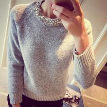 loose korean knitted women sweater beading o neck long sleeve female thick Sweater Pullover winter novelty mixture woolen warm