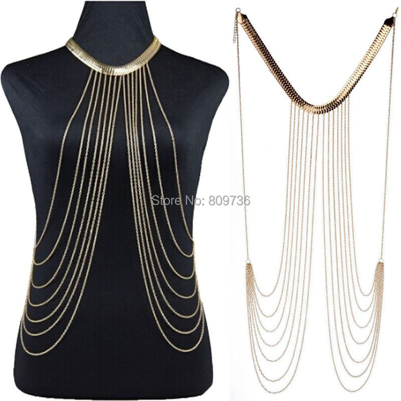 2015 New Sexy Punk Multilayer Gold Tone Long Tassel Body Chains Necklace Fashion Bikini Harness Beach