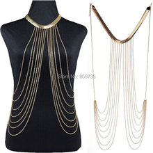 2015 New Sexy Punk Multilayer Gold Tone Long Tassel Body Chains Necklace Fashion Bikini Harness Beach Jewelry for Women Free