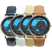 2015 recién llegado de reloj hombres mujeres étnico del mapa del mundo Faux Leather Band cuarzo reloj de pulsera analógico vestido