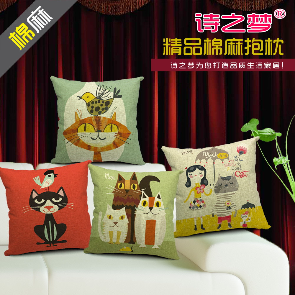 4 Pieces/Set High Quality Invisible Zipper  Linen Modern Art Cartoon Cat  Sofa Decor Cushion Cover/pillow Cover 45*45cm