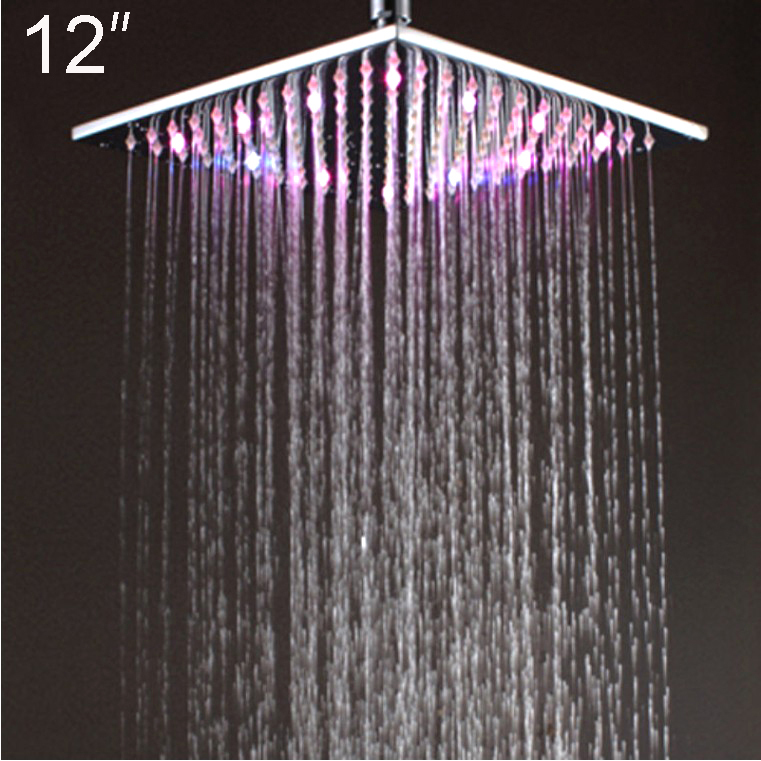 Retail - 12 Inch Brass 7 Color Led Shower Head, Square Rainfall Shower Head, Colors Change without Battery, Free Shipping X15262