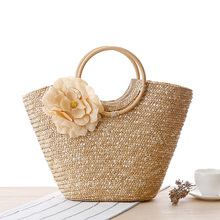 48*28cm Boho Straw Bag Summer Beach Bag Lady Crochet Basket Handbag Rattan Woven Silk Flower Candy Color Tote Bag Bohemia Style