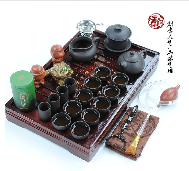 Instocked Hot sale Ordovician tea set yixing ceramic kungfu tea set 27pcs solid wood tea tray