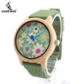 BOBO BIRD B04 Bamboo Wood Watches for Women Soft Green Silicone Band Flowers Cloth Dial Casual