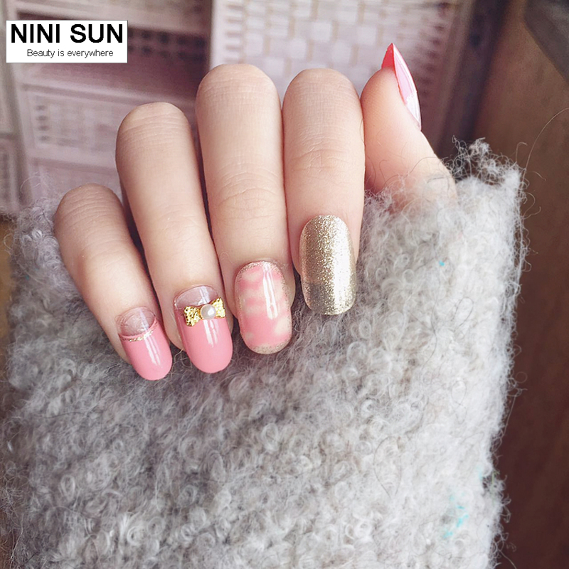 2016 Nueva Moda 24 Unids Rosa Ovalada 3D Uñas Postizas Uñas de Acrílico Estilo Suave de