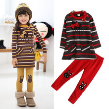2013 new arrival Children’s clothes Little Fawn Stripe Dress Girl’s suit /2pcs Long sleeve dress+Leggings Girl’s Set