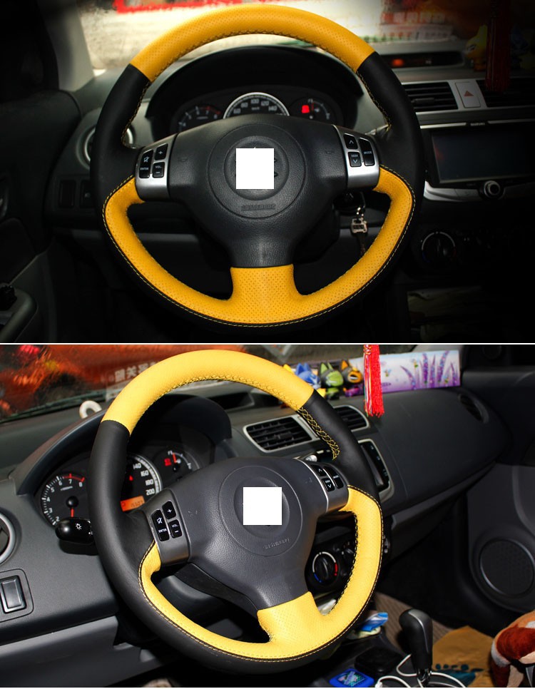 for Suzuki Swift Yellow Leather Black Suede Steering Wheel Cover