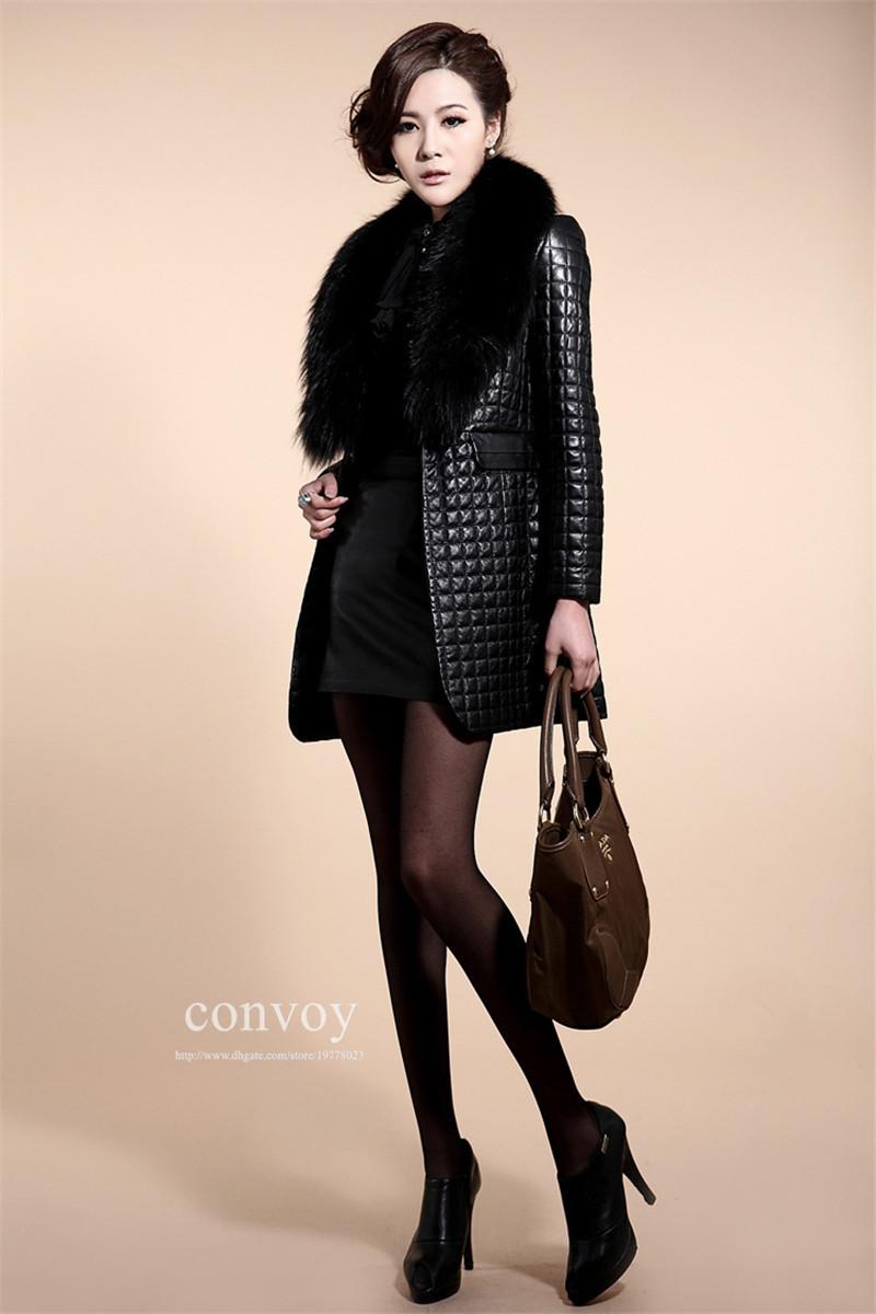  Womens Faux Fur Leather Coat With Raccoon Collar Ladies Sheep Fur Slim Top Outwear Jacket Winterwear Plus Sizes WT148