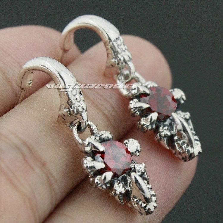 925 Sterling Silver Dragon Claw Hold Ruby Mens Biker Rocker Stud Earring 8R006_#pair