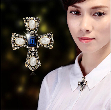 2015 New Vintage Retro Pearl Crystal Cross Brooch Pins For Women Fine Jewelry - 2015-New-Vintage-Retro-Pearl-Crystal-Cross-Brooch-Pins-For-Women-Fine-Jewelry
