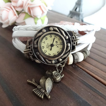 New Fashion Cow Leather Watches with Wooden Bead Retro Little Owl Dress Analog Watch for Women