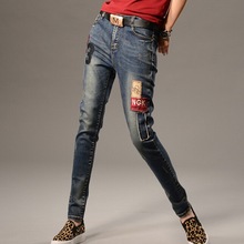 2016 New Spring Fashion Skull Embroidery Badge Denim Elastic Women s trousers Women Hole Jeans Vintage