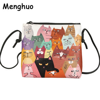 Menghuo 2017 Mini Leather Women Handbags Cute Cat Print Messenger Bag Ladies Crossbody Bag Cartoon Clutch Purse Bolsa Feminina