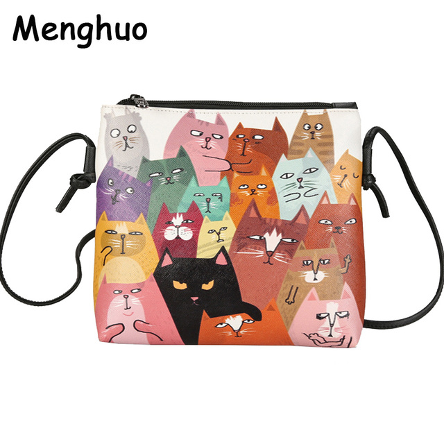 Menghuo 2017 Mini Leather Women Handbags Cute Cat Print Messenger Bag Ladies Crossbody Bag Cartoon Clutch Purse Bolsa Feminina