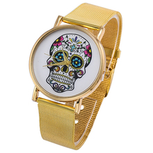 Womens Mens Punk Skull Printed Golden Mesh Alloy Band Analog Quartz Wrist Watch