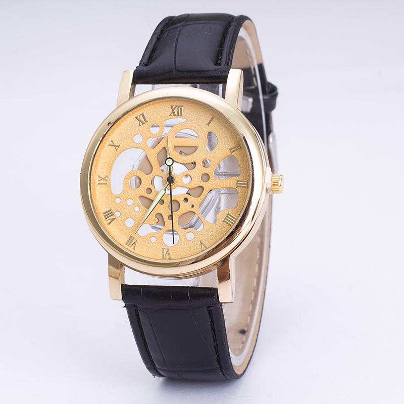 New Fashion Engraving Watches Imitation of Mechanical Watch Gift Unisex Women Men PU Leather Hollow Business Watch Wristwatch