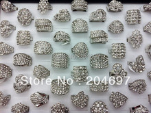 Mixed 25pcs Bulk Wholesale Fashion Jewelry Ring Rhodium Plated Crystal Rhinestone Wedding Rings For Women