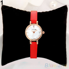 Women Rhinestone Rose Gold Alloy Case Ultra thin Faux Leather Band Wrist Watch 2A8E