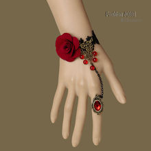 Handmade Gothic Womens Red Rose Flower Beads Drop Black Lace Adjustable Ring Bracelet Slave Set Bronze Alloy Retro Lolita Ball