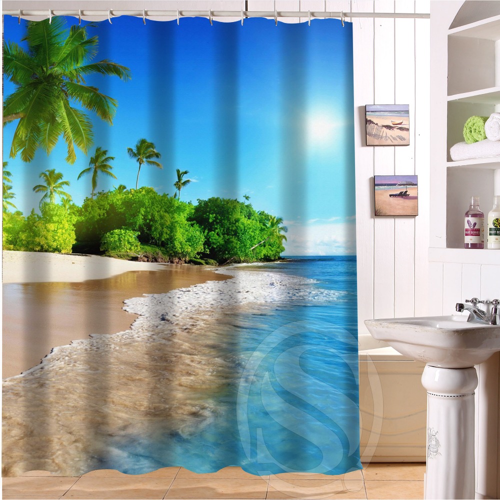 Charming Sunshine Beach Fresh Green Palm Trees Bathroom Fabric Shower Curtain 60(W)X72(H) With Hooks