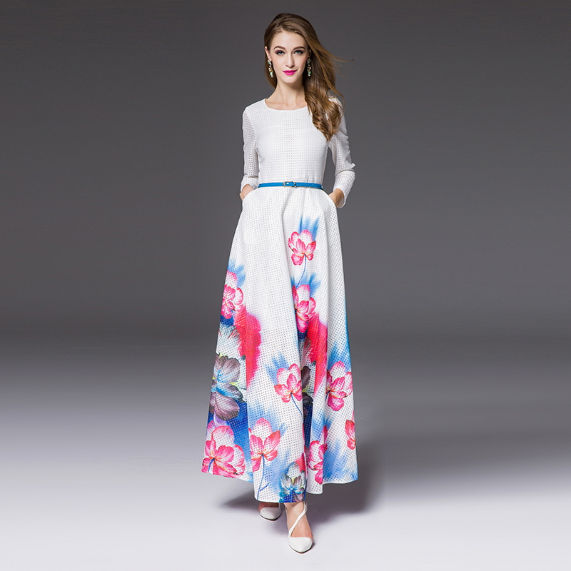 Romantic Dress 2015 New Autumn Brand Full Sleeve Sashea Luxury Print Hollow Out Grid White Maxi A-Line Dress