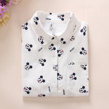Women white cute mouse cartoon pattern print blouses long sleeve Blusas Femininas cotton shirts casual loose office wear tops