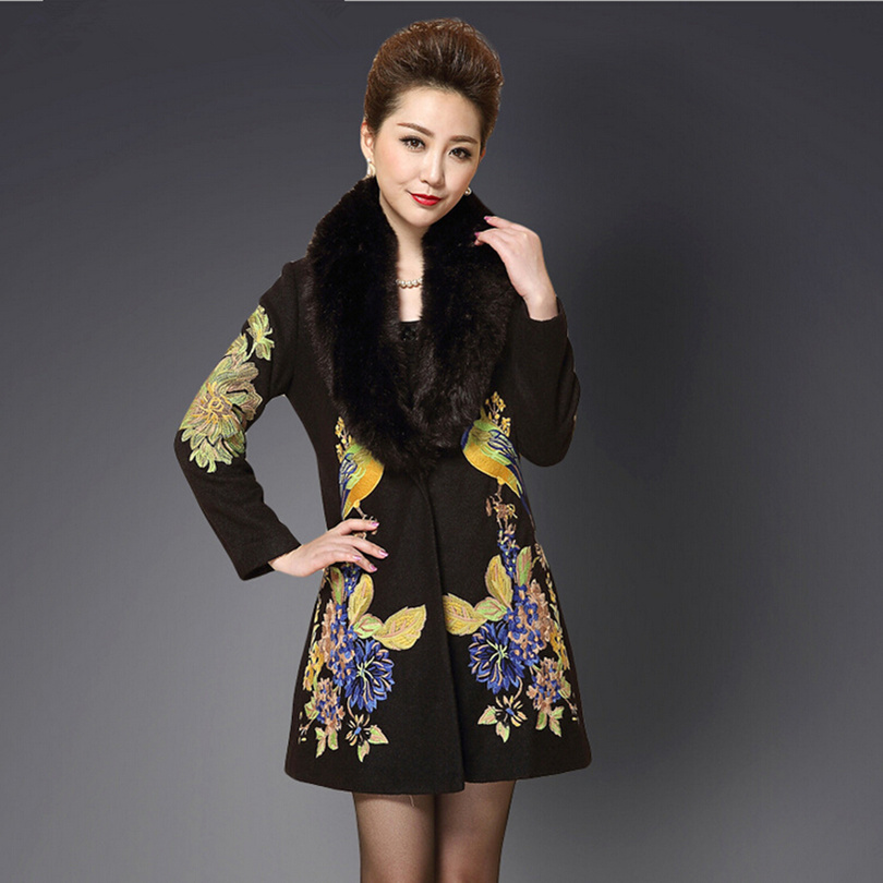 New 2015 women's autumn winter woolen coat flower embroidery designer woolen coat Elegant vintage outwear D5055