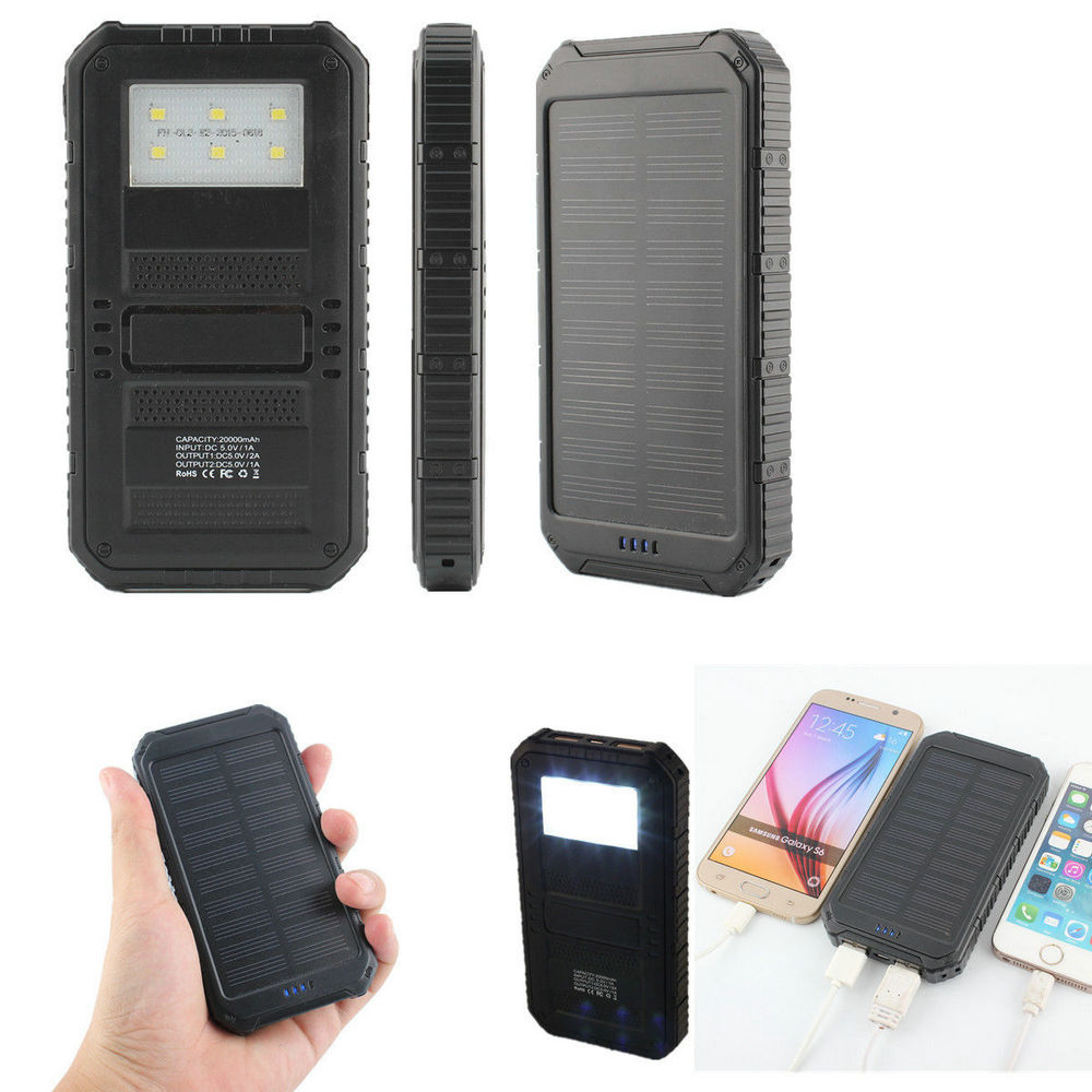 Black Solar Panel 2 USB 20000mAh Power Bank 6 LED Camp Light For iPhone 5 6 6S Plus Samsung mobile phones Black Solar Panel 2 USB 20000mAh Power Bank 6 LED Camp Light For iPhone 5 6 6S Plus Samsung mobile phones