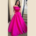 Fuchsia Pink Long Evening Dresses Off the Shoulder Boat Neck A Line Satin Prom Party Dress