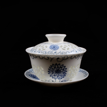 High Quality Porcelain Tea Set Blue and White Gaiwan and Tea Cup Set