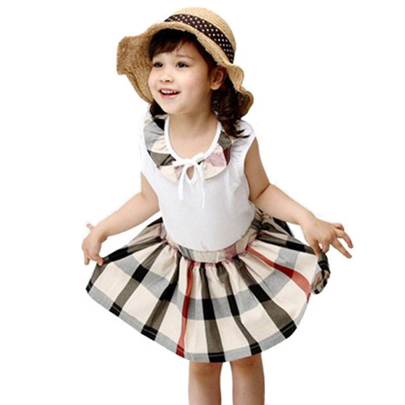 New 2016 summer kids clothing sets fashion plaid dress set for girls cotton 3-8T sleeveless girls vest sets 2pcs