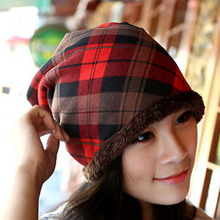 Winter Casual Beanie Cap Fashion Women Cotton Blend Tartan Plaid Fur Beanie Knitted Headgear Hats Caps